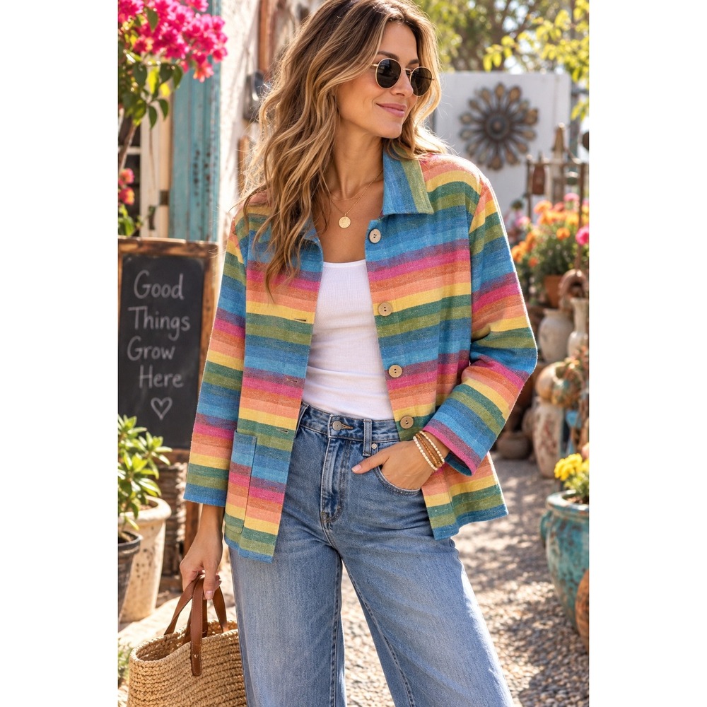 Coldwater Creek Womens M Rainbow Stripe Linen Cotton Button Front Jacket H16161